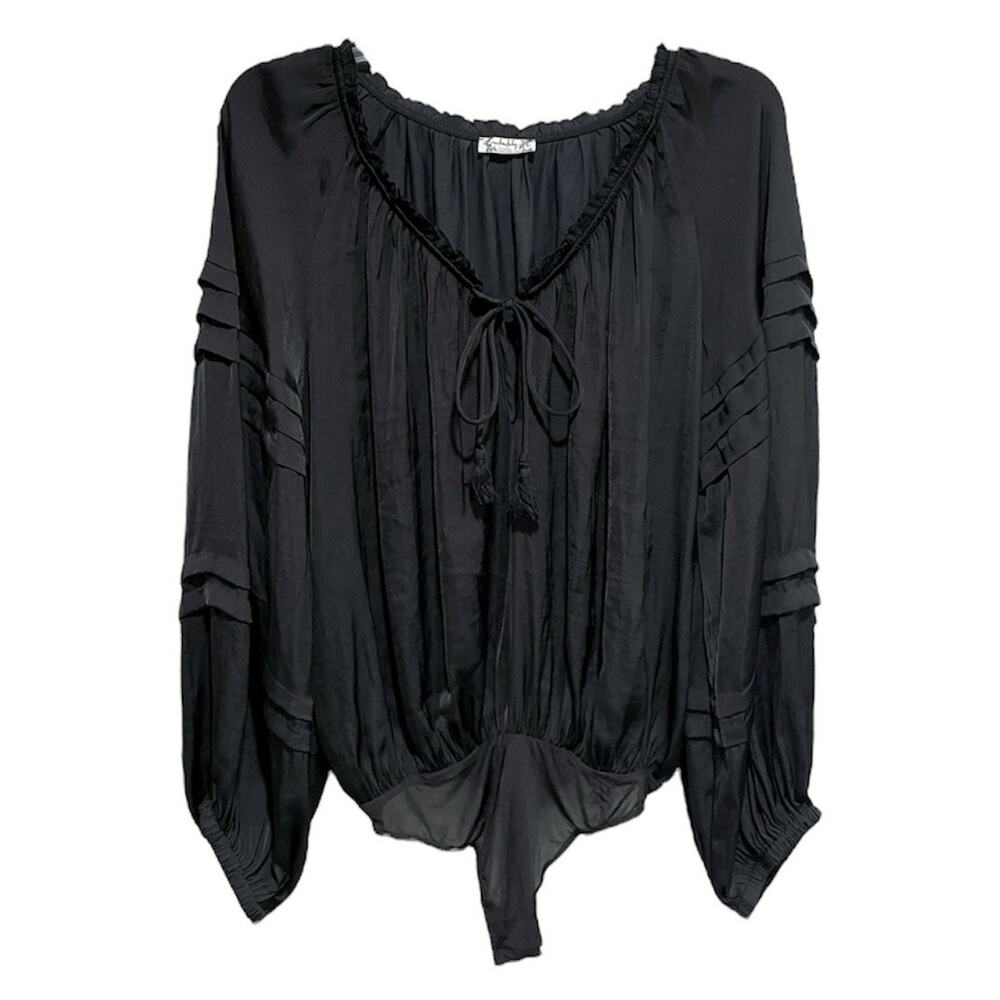 Free People Boho All Tucks Bodysuit Small Black Peasant Balloon Sleeve Ruffles